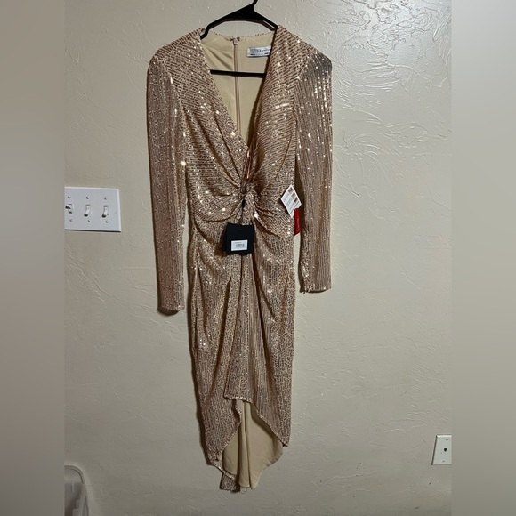 IEENA For Mac Duggal Rose Gold Sequin Knotted Long Sleeve Midi High Low Dress 0 - Picture 4 of 15